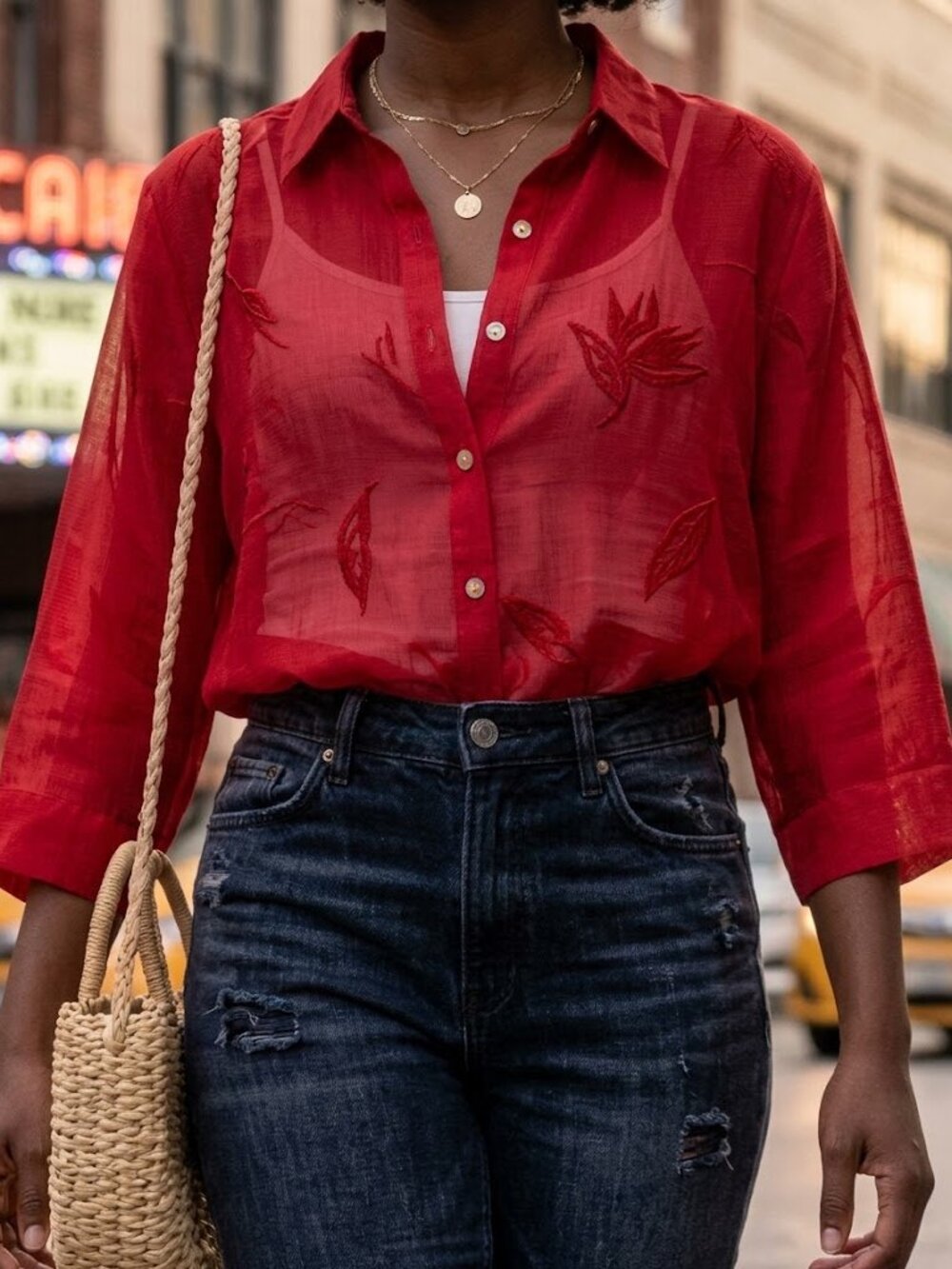 Vintage Bahama Bay Red Tropical Blouse Large, 90s Semi Sheer Jacquard Leaf